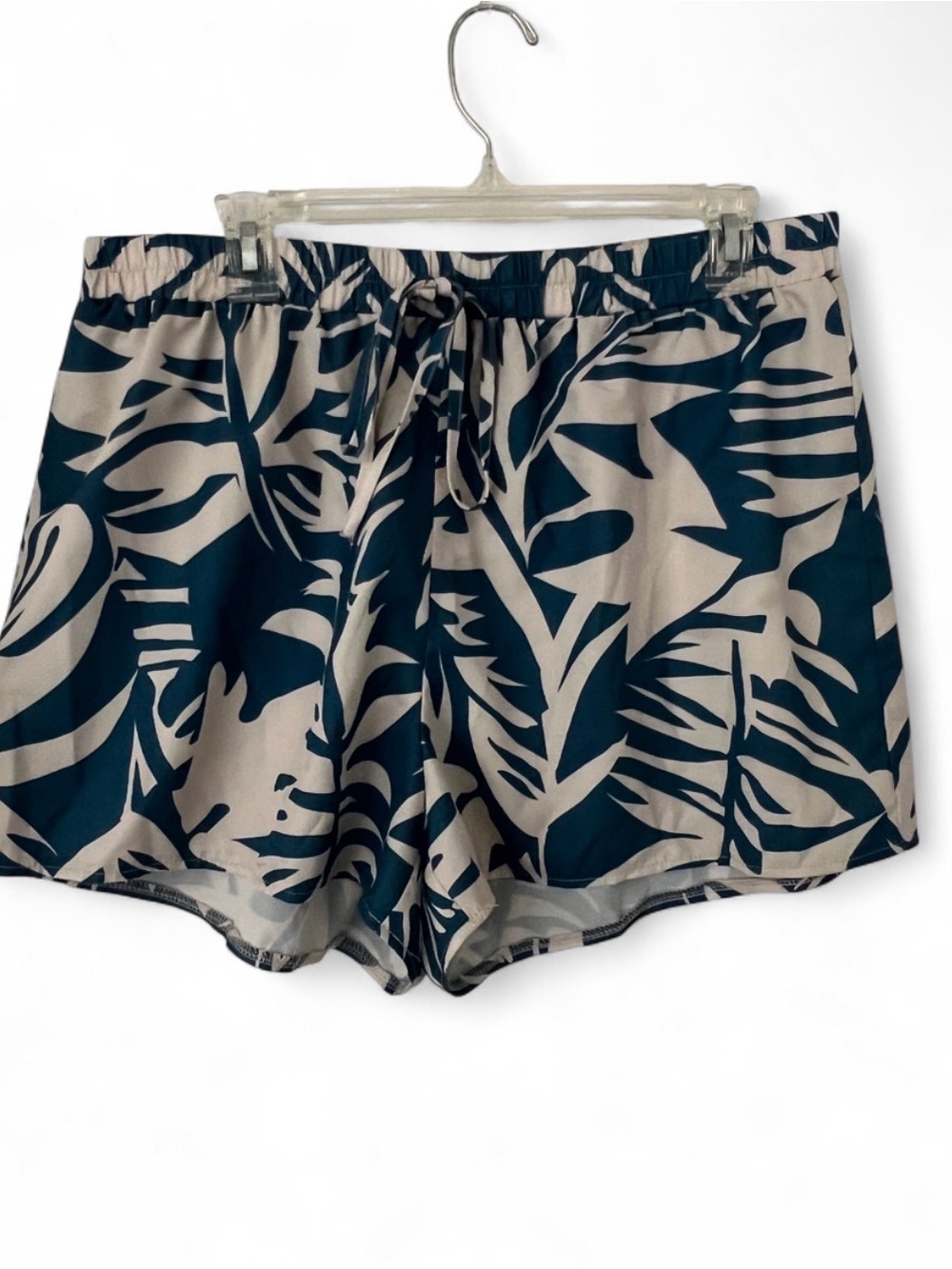 Women's Tropical Print Faux Drawstring Shorts - Blue & Cream